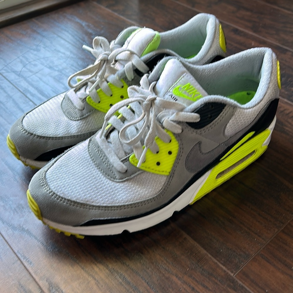 Worn Nike Air Max 90 white/black/volt colorway, men’s size 10.5
